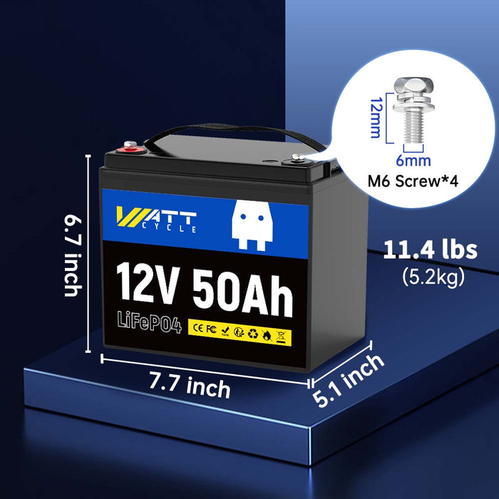 wattcycle 12v 50ah LiFePO4 battery size