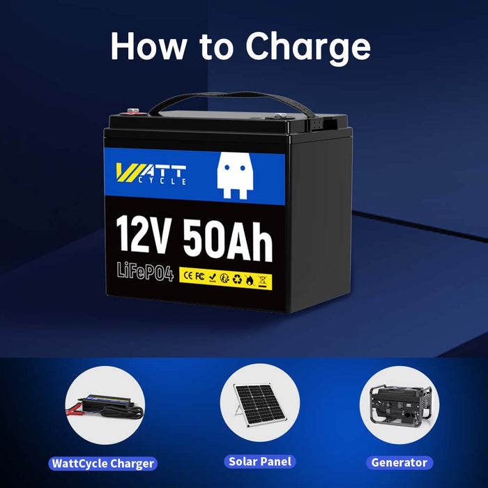 wattcycle 12v 50ah LiFePO4 battery charging ways